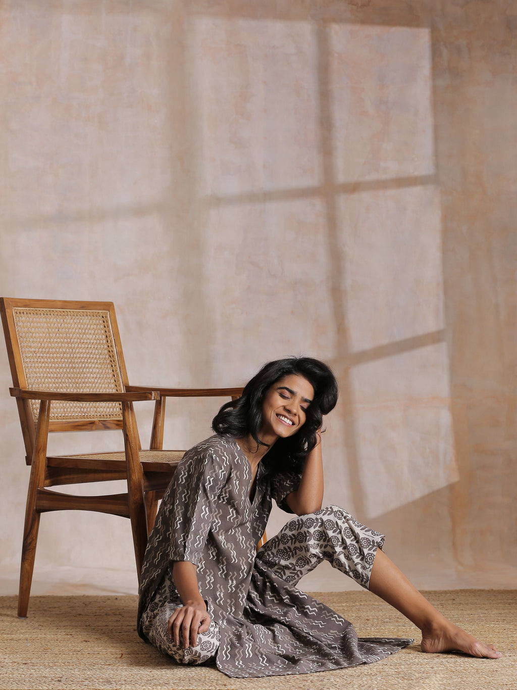 trueBrowns Clay Dabu Zig-Zag Motifs Print Cotton Kurta Pant Set | Grocsy