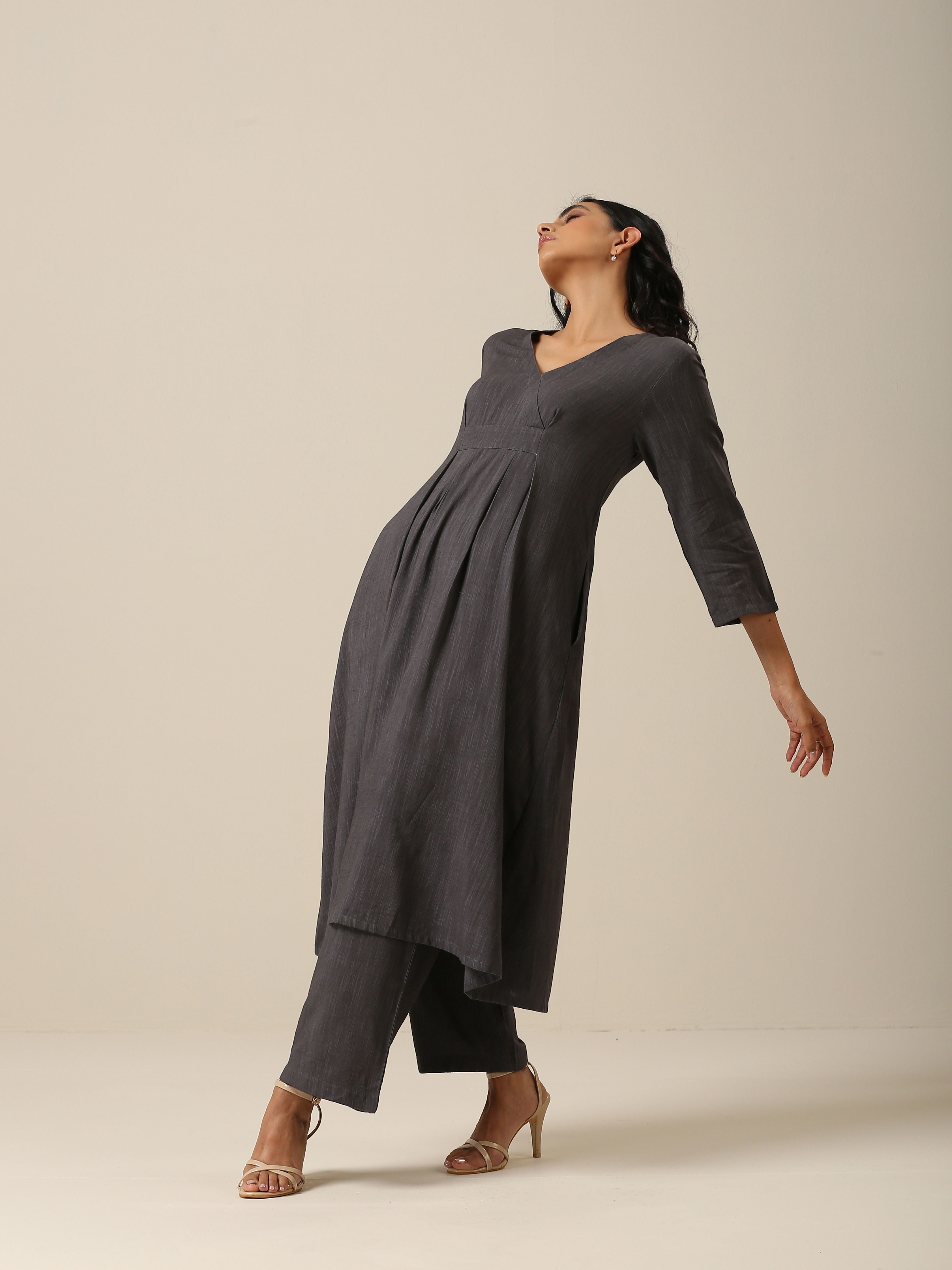 trueBrowns Slate Grey Slub Texture Overlap Pleat Kurta Pant Set | Grocsy