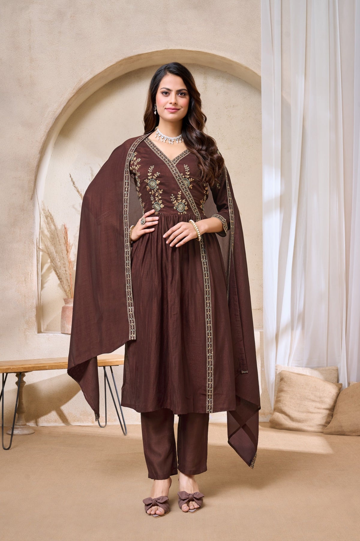 Anaita Coffee Anarkali Readymade Suit with Embroidery Work | Grocsy