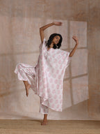 trueBrowns Pink Big Buta On White Print Cotton Panel Kaftan Kurta Pant Set | Grocsy
