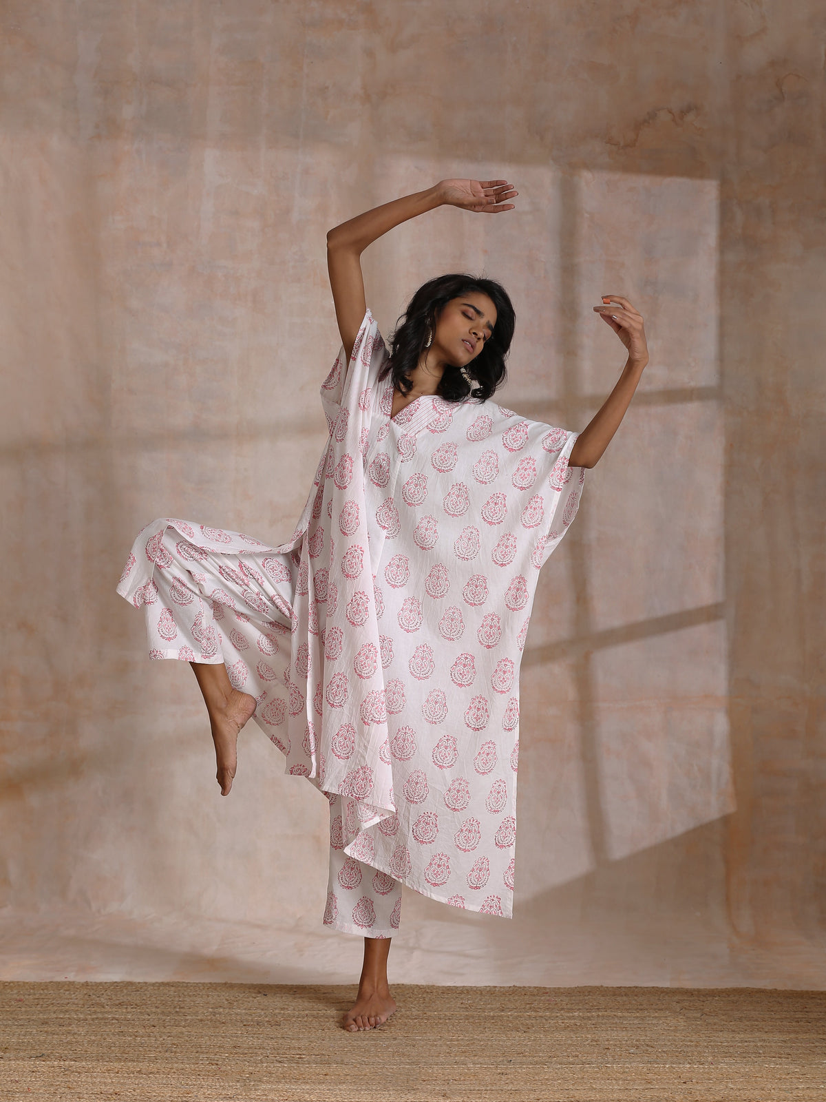 trueBrowns Pink Big Buta On White Print Cotton Panel Kaftan Kurta Pant Set | Grocsy