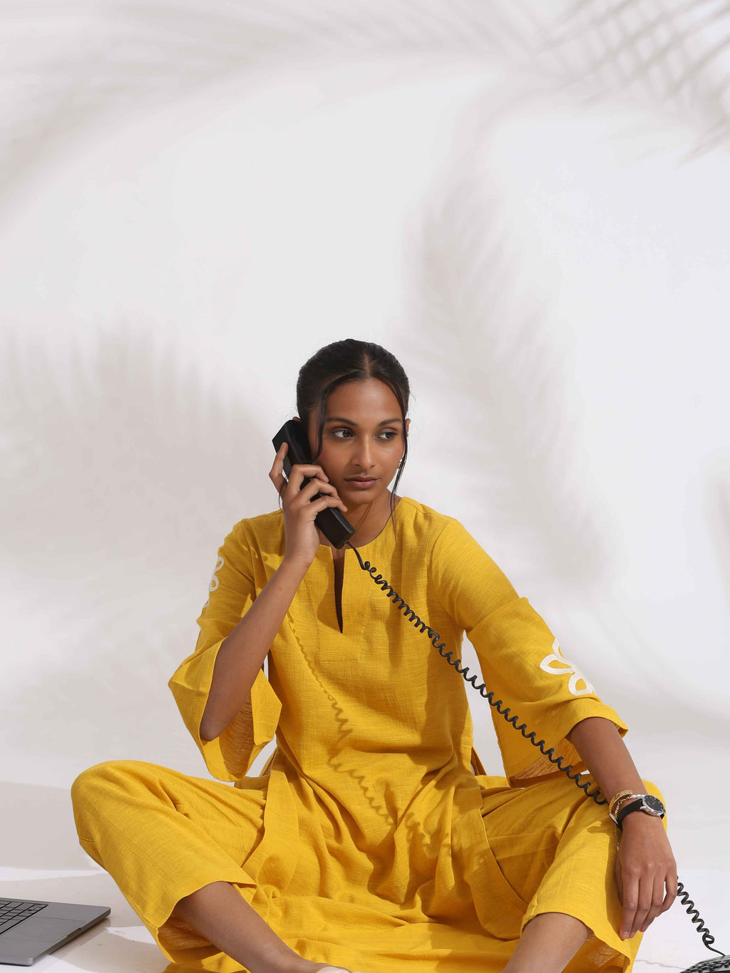 trueBrowns Yellow Cotton Slub Embroidered Straight Kurta Set | Grocsy