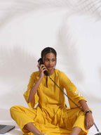 trueBrowns Yellow Cotton Slub Embroidered Straight Kurta Set | Grocsy