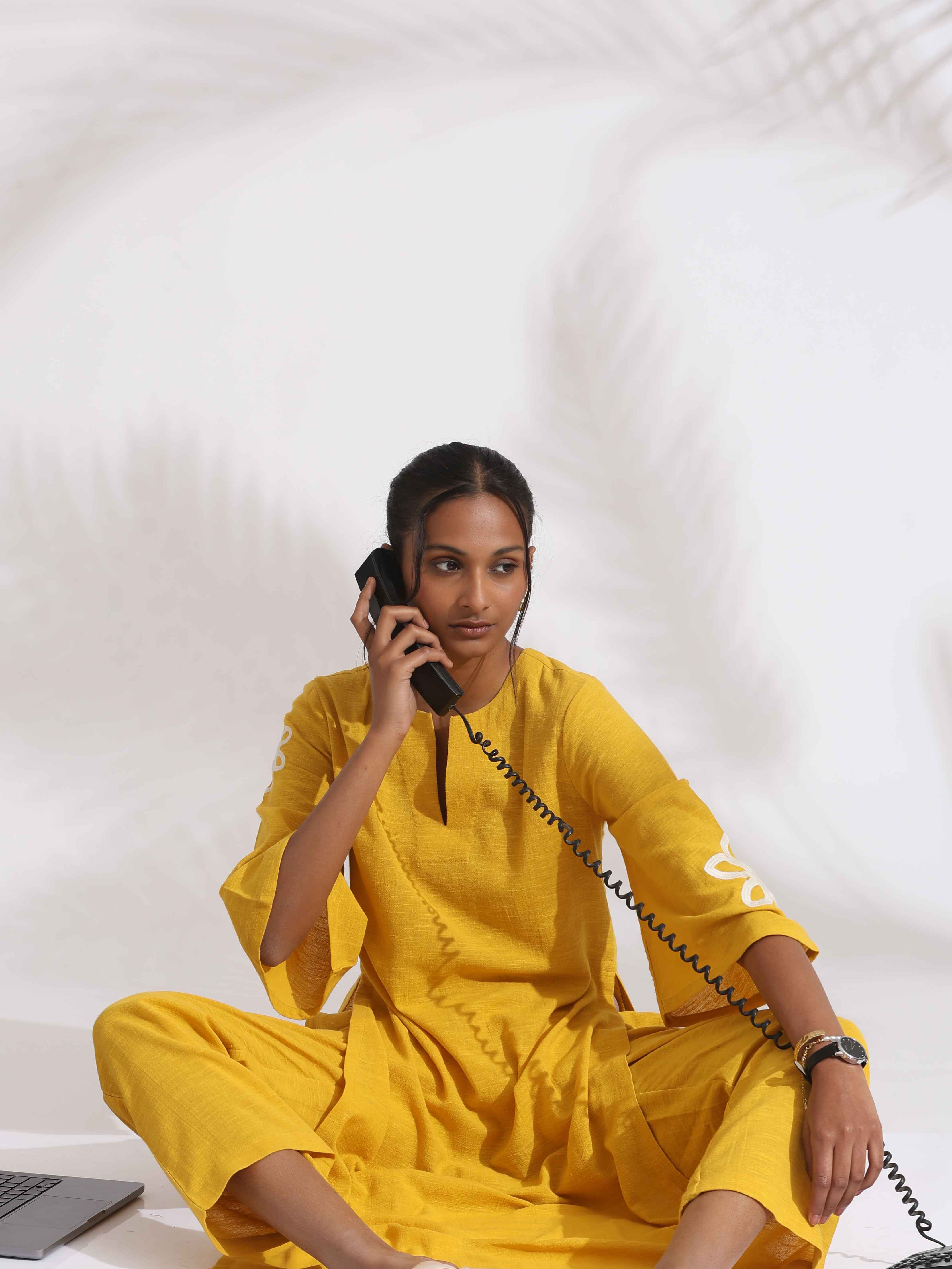 trueBrowns Yellow Cotton Slub Embroidered Straight Kurta Set | Grocsy