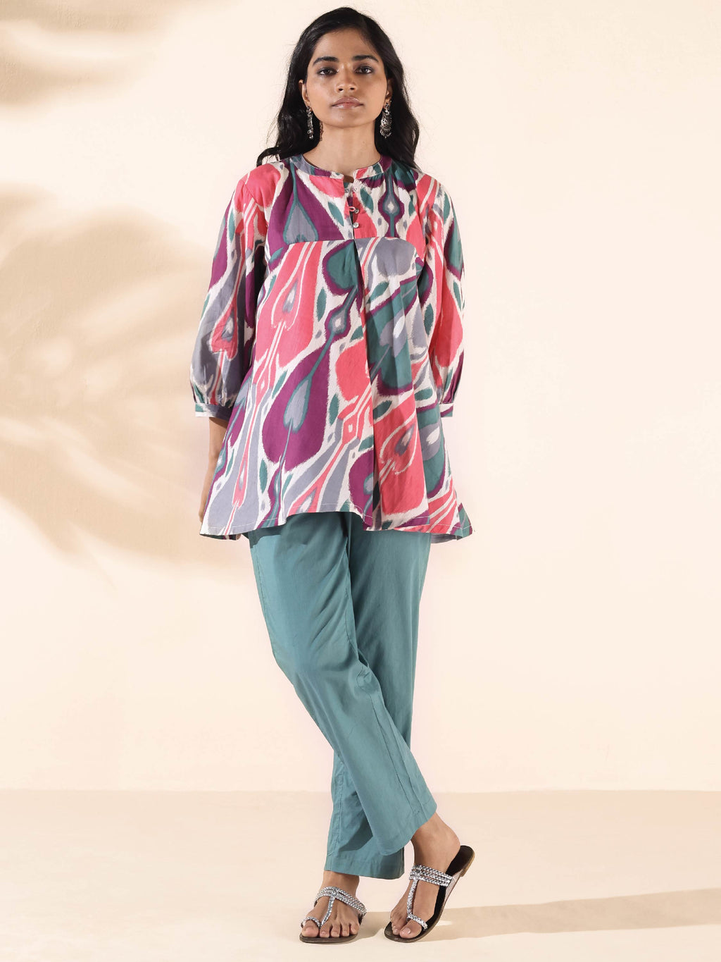 trueBrowns Green Cotton Ikat Flared Co-ord Set | Grocsy