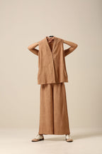 trueBrowns Beige Slub Texture Sleevesless Jacket Pant Set | Grocsy