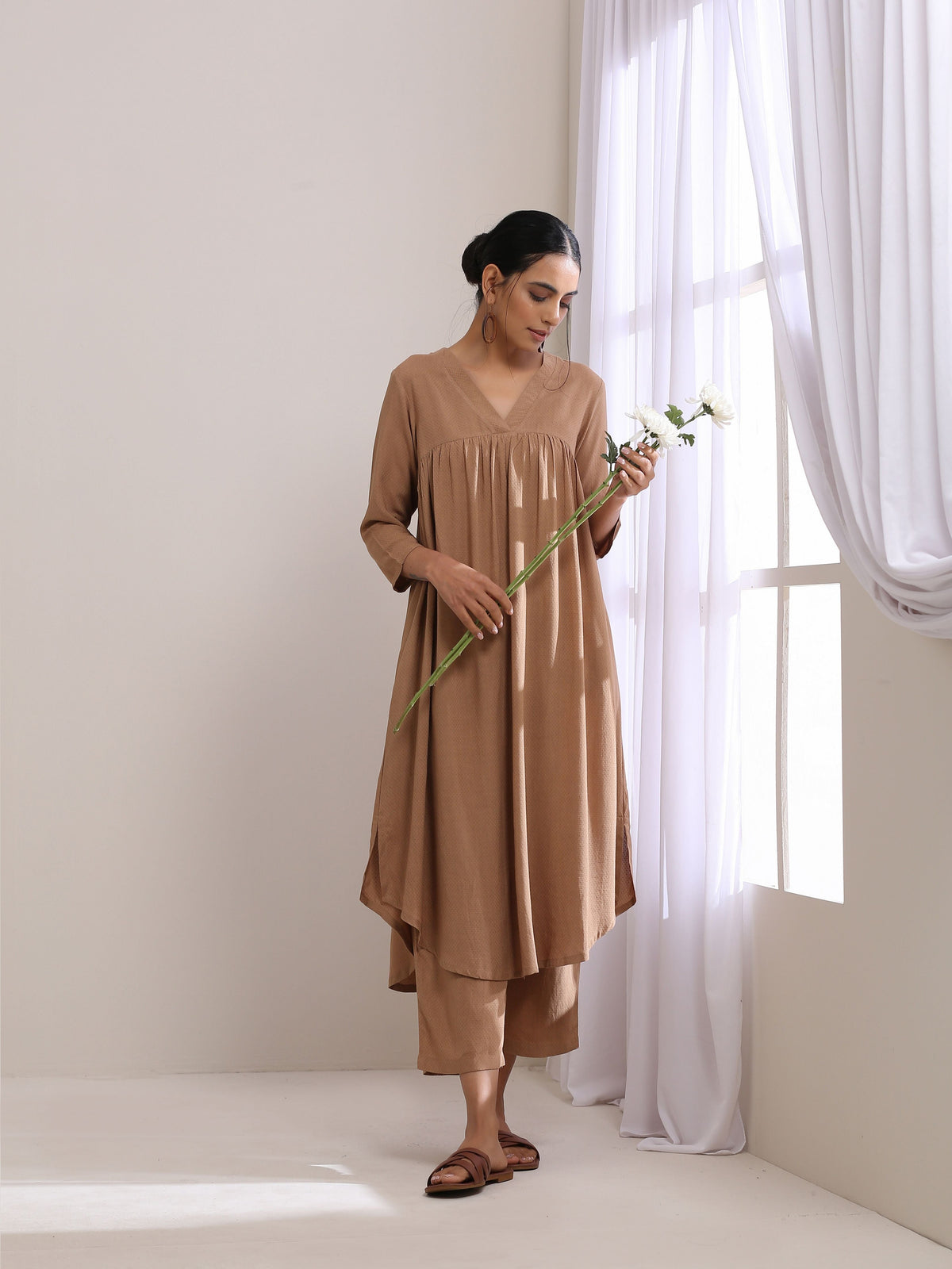 trueBrowns Beige Dobby Gathered Kurta Pant Set | Grocsy