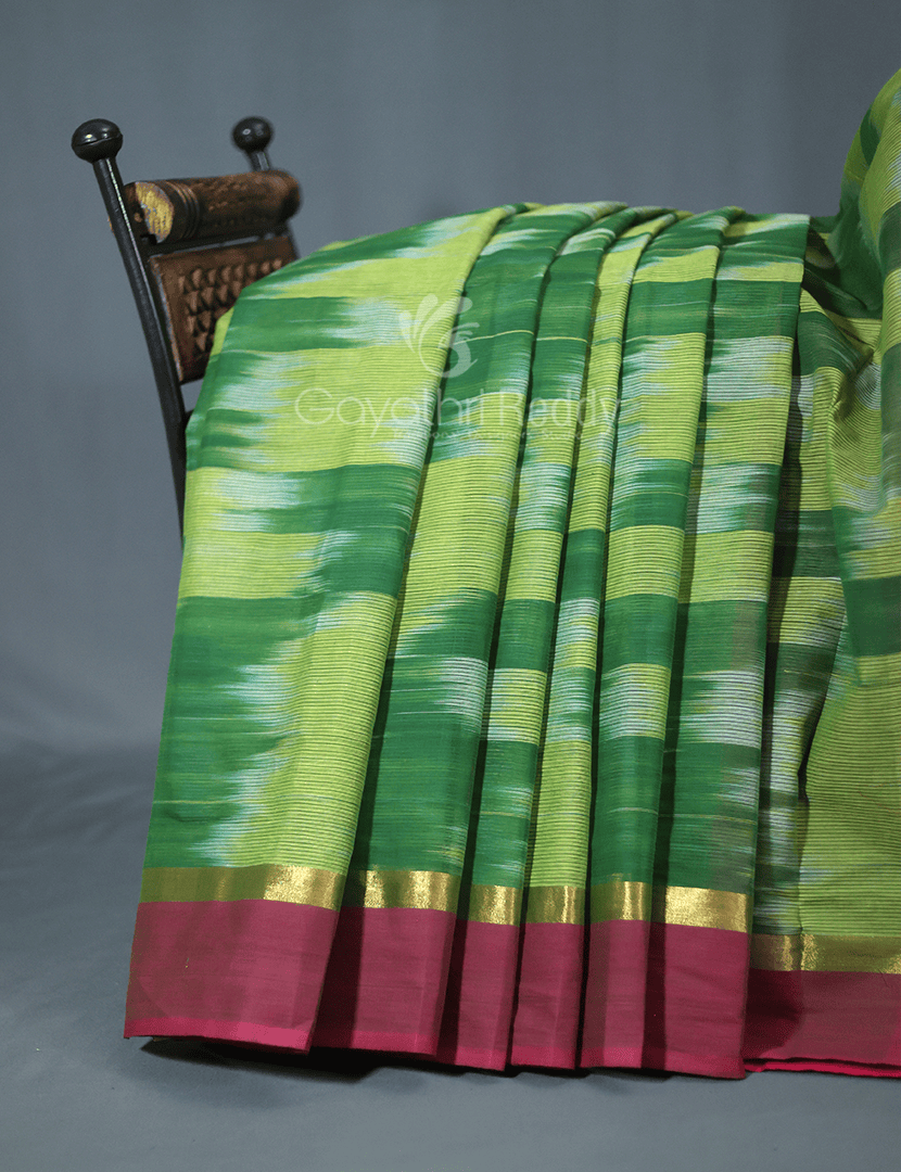 Dual Shades of Parrot Green And Mango Green Mangalagiri Ikkat Cotton Saree By Gayathri Reddy Designer Studio | Grocsy