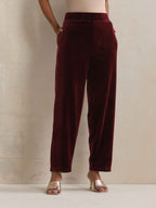 trueBrowns Maroon Velvet Embroidered Kurta Pant Dupatta Set | Grocsy