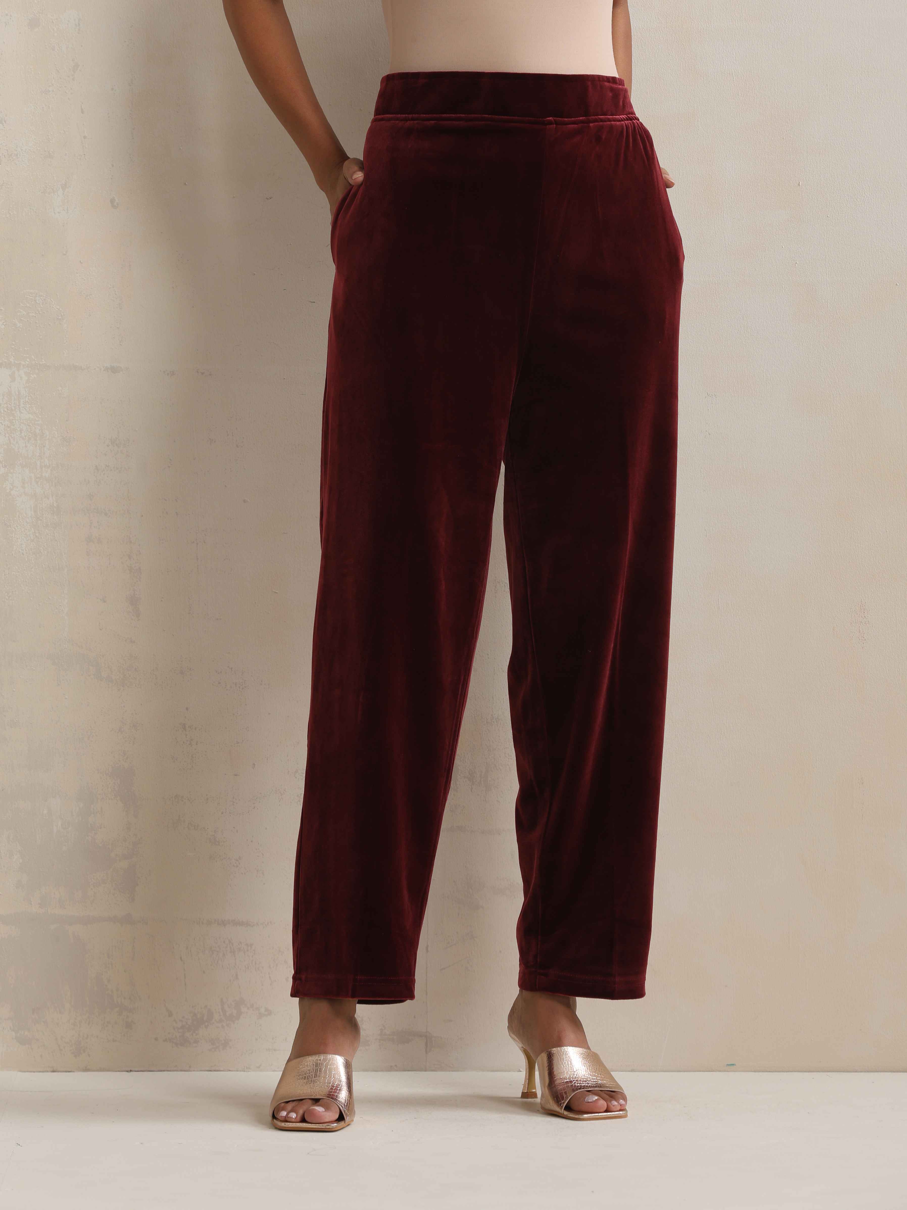 trueBrowns Maroon Velvet Embroidered Kurta Pant Dupatta Set | Grocsy