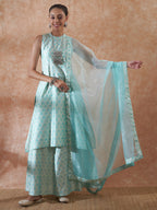 InWeave Women's Powder Blue Jacquard Halter Kurta Set W Powder Blue Or Dupatta | Grocsy