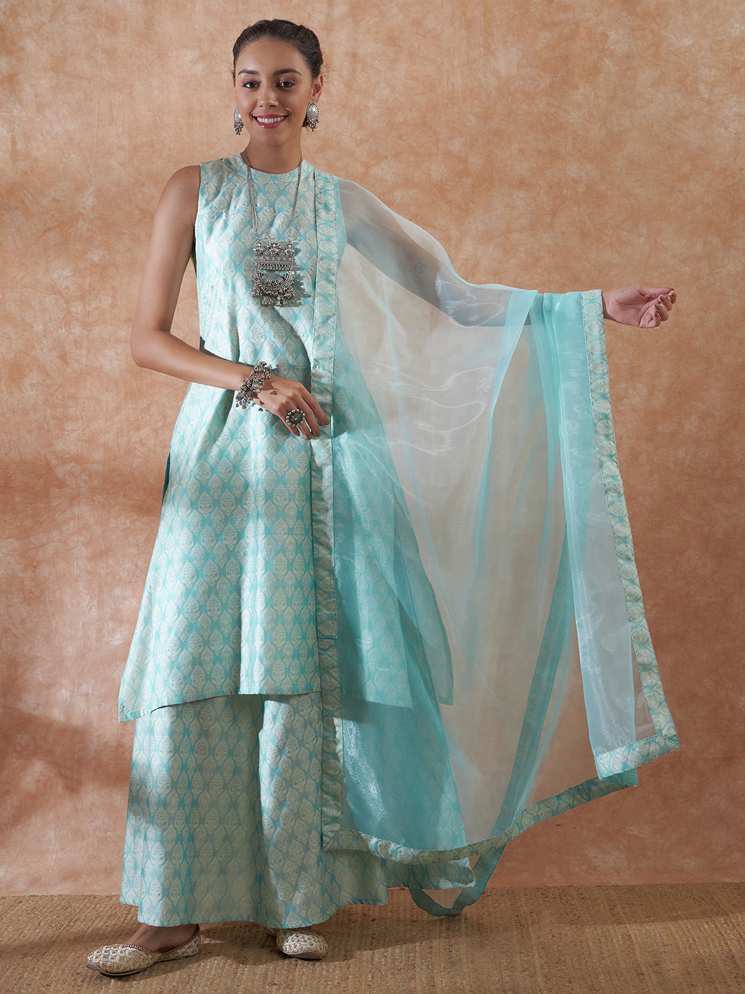 InWeave Women's Powder Blue Jacquard Halter Kurta Set W Powder Blue Or Dupatta | Grocsy