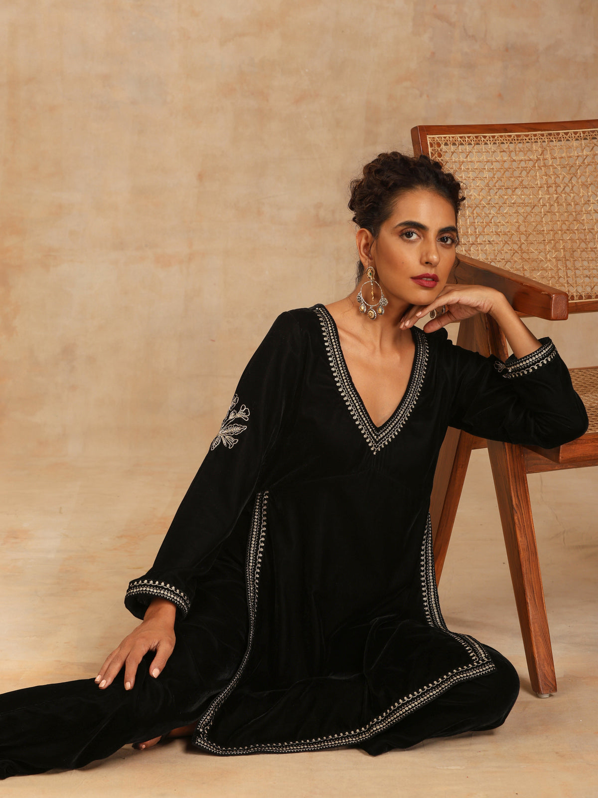 trueBrowns Black Velvet Embroidered Co-ord Set | Grocsy