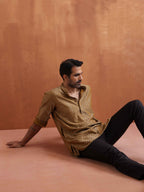 trueBrowns Men's Mustard Cotton Dobby Short Kurta | Grocsy