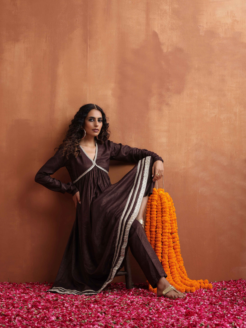 trueBrowns Brown Metallic Flared Anarkali Kurta Set | Grocsy