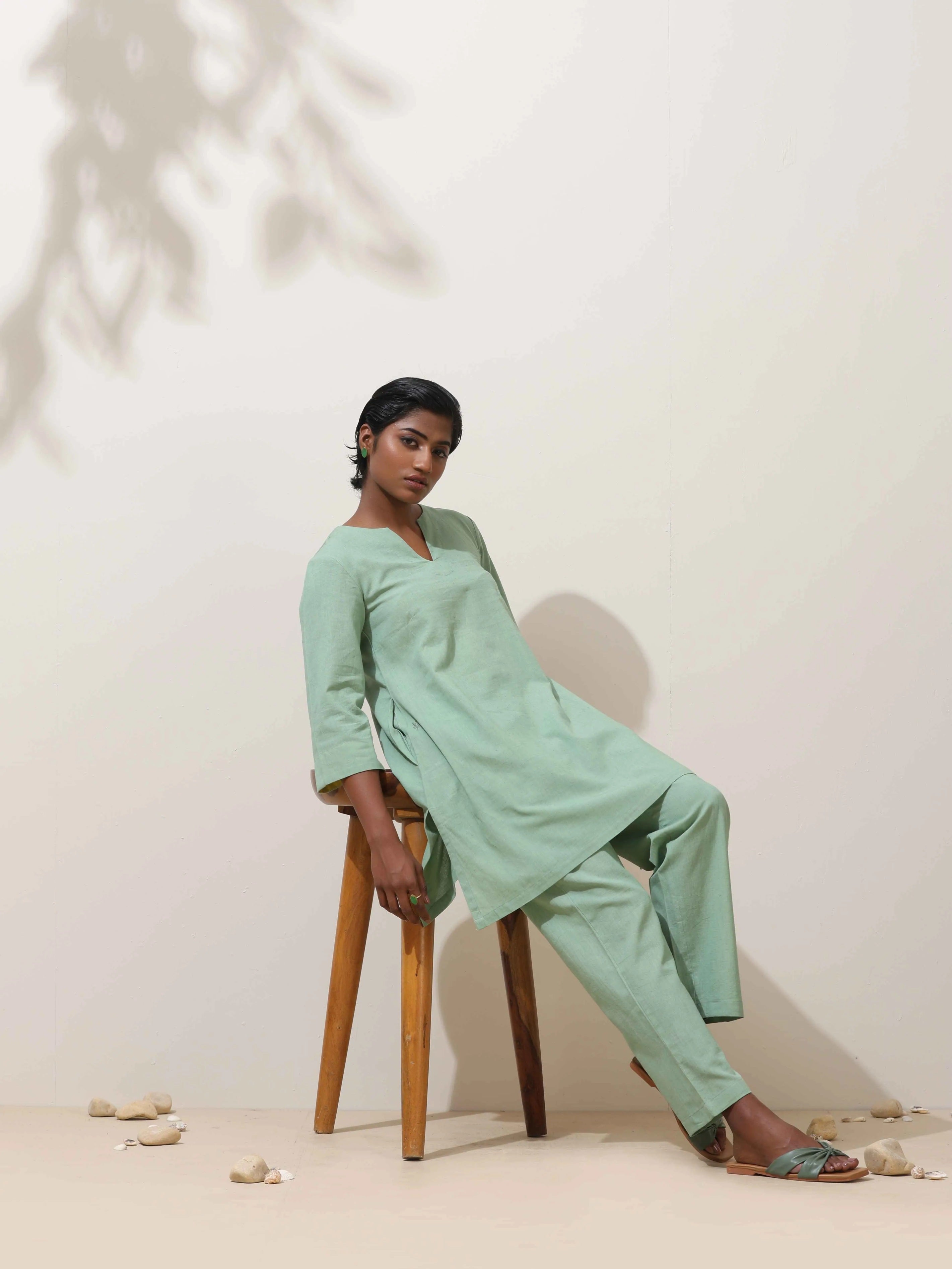 trueBrowns Mint Green Cotton Linen Kurta Co-Ord Set | Grocsy