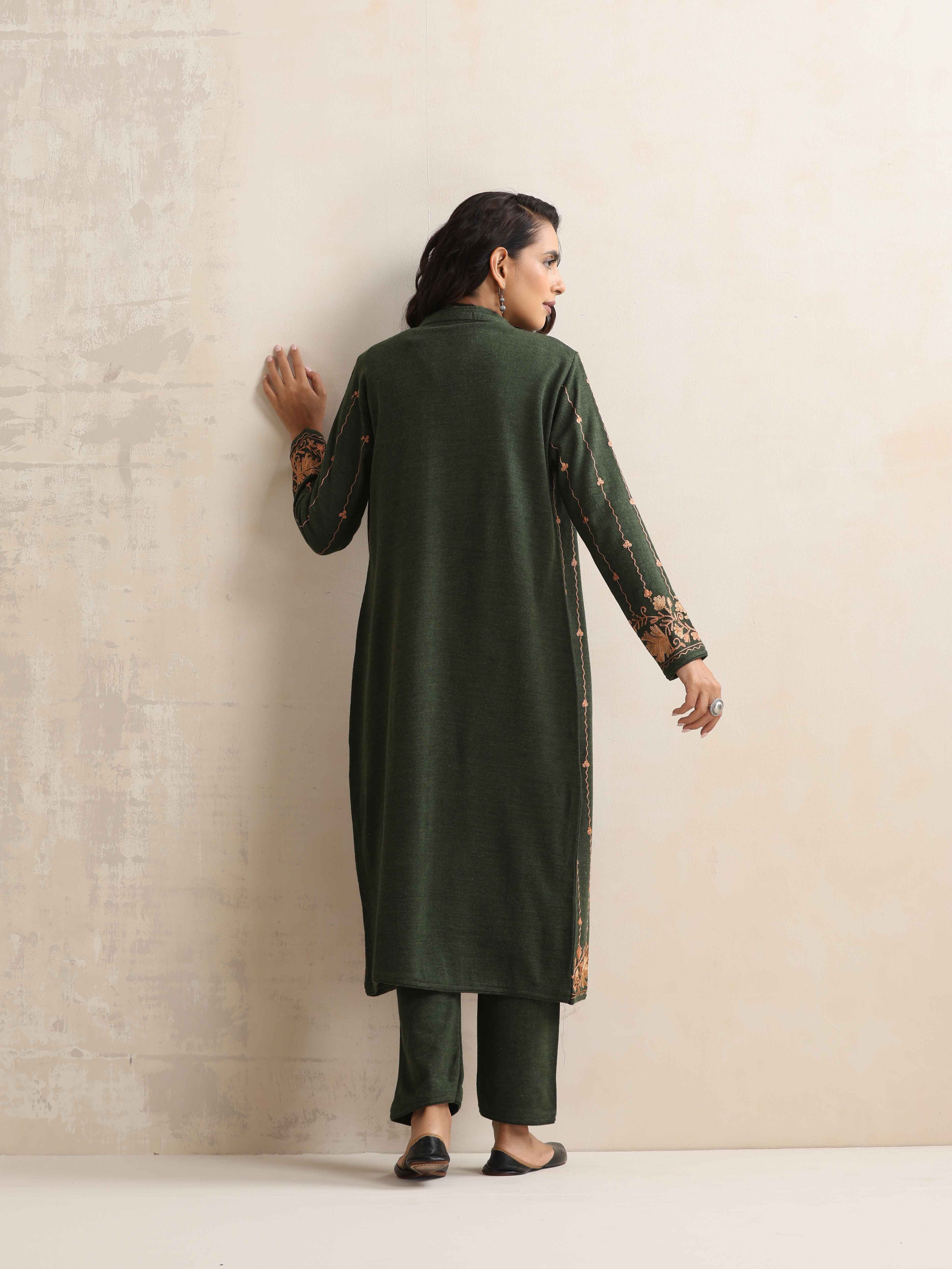 trueBrowns Green Kashmiri Woollen Jacket 3pc Set | Grocsy