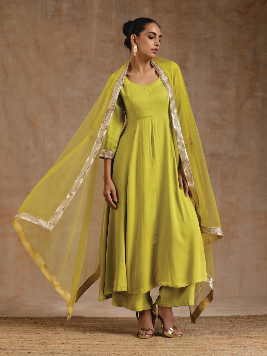 trueBrowns Lime Modal Satin Anarkali Set | Grocsy
