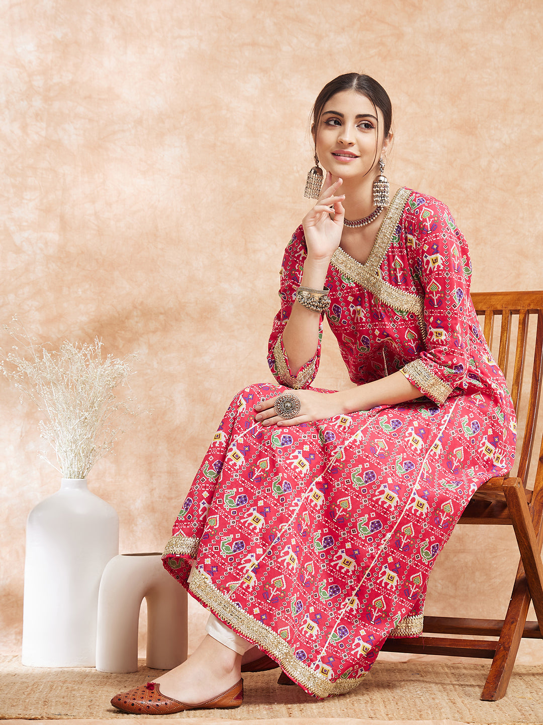InWeave Women's Pink Patola Printed Gota Embroidered Anarkali Kurta | Grocsy