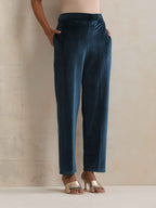 trueBrowns Blue Velvet Embroidered Kurta Pant Dupatta Set | Grocsy