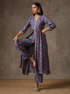 trueBrowns Blue Pink Printed Silk Kurta Pant Set | Grocsy