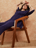 InWeave Women's Royal Blue Lurex V Neck Gota Kaftan Style Kurta Set | Grocsy