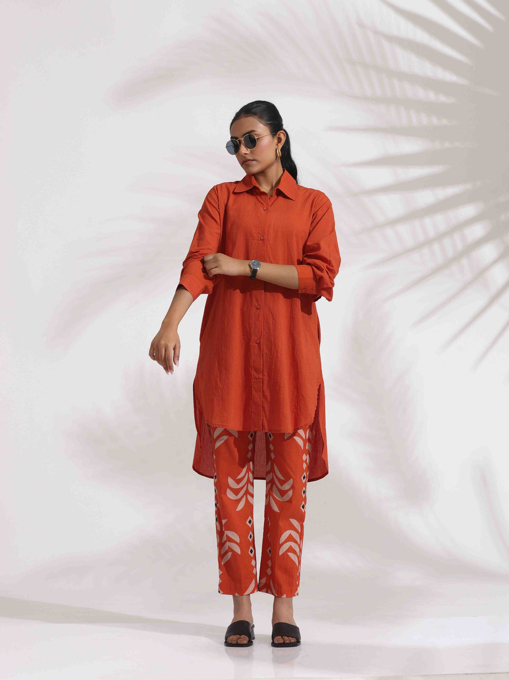 trueBrowns Orange Cotton Solid Shirt Kurta Co-ord Set | Grocsy