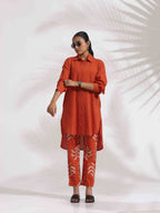 trueBrowns Orange Cotton Solid Shirt Kurta Co-ord Set | Grocsy