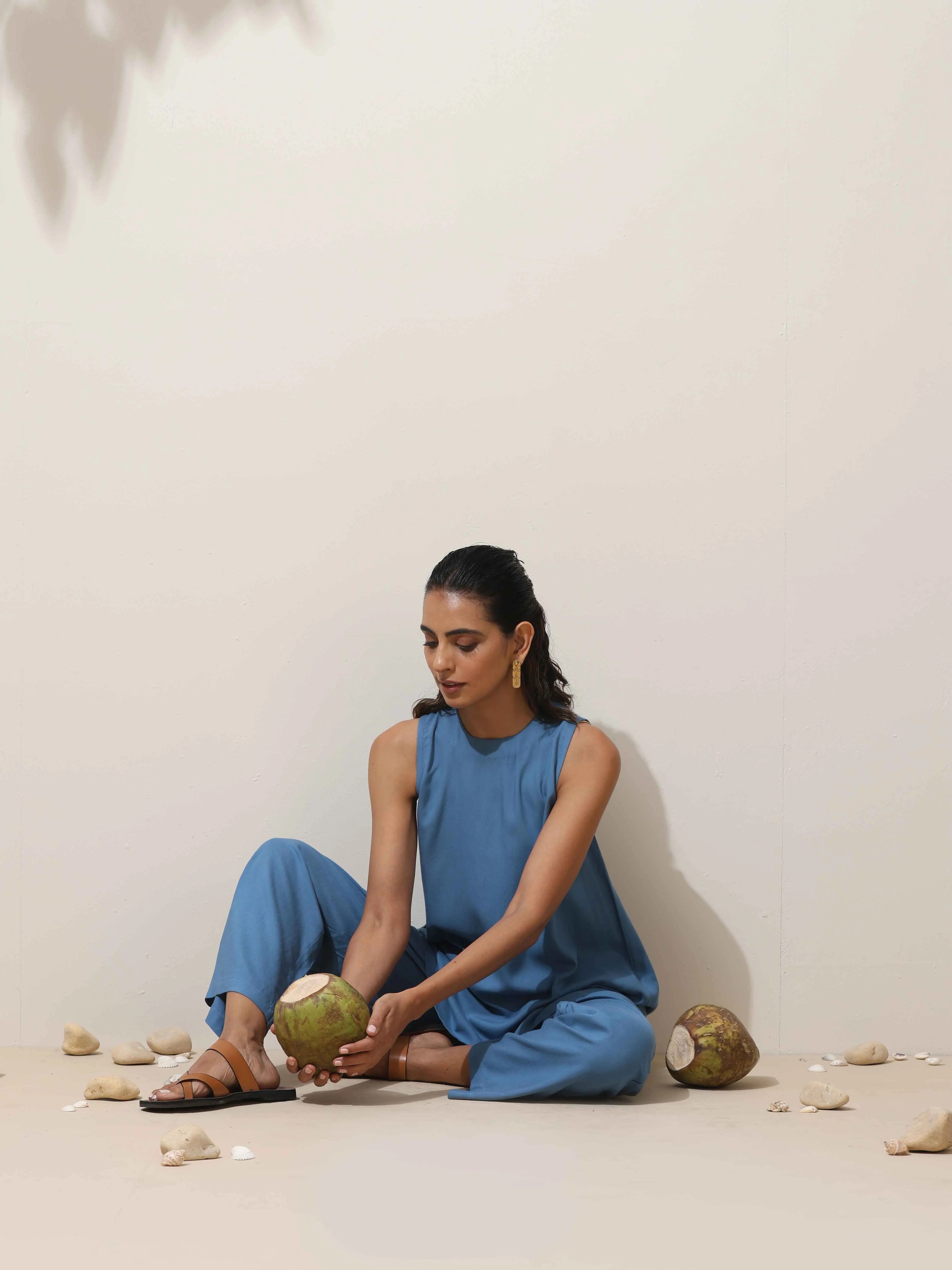 trueBrowns Blue Viscose Solid Co-ord Set | Grocsy