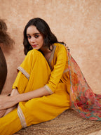 InWeave Women's Mustard Alia Neck Style Gota Set W Organza Dupatta | Grocsy