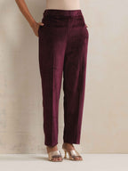 trueBrowns Purple Velvet Geometric Embroidered Kurta Pant Dupatta Set | Grocsy