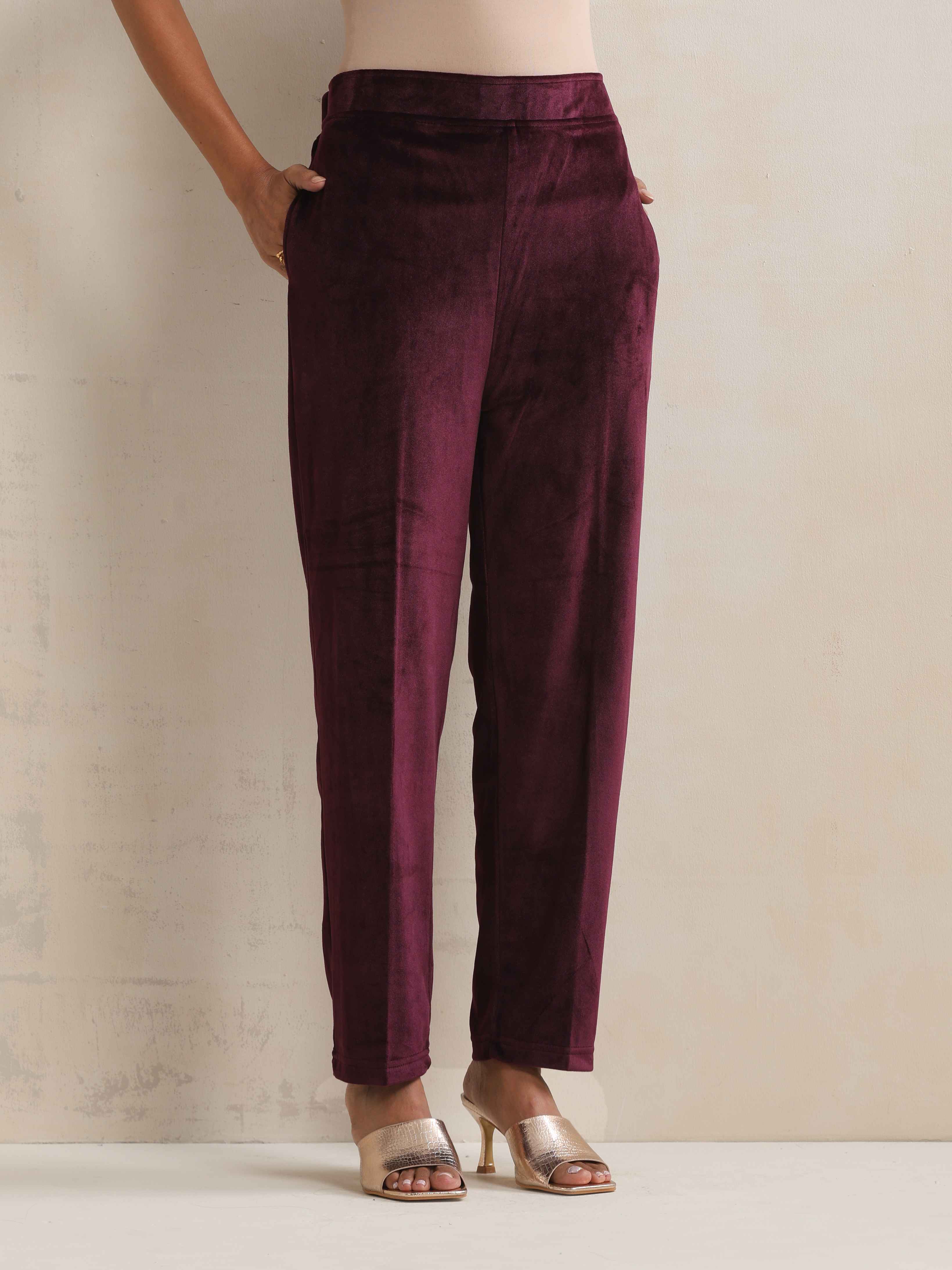 trueBrowns Purple Velvet Geometric Embroidered Kurta Pant Dupatta Set | Grocsy