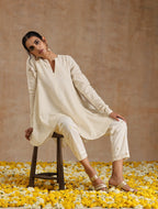 trueBrowns Ivory Gold Cotton Flared Co-Ord Set | Grocsy
