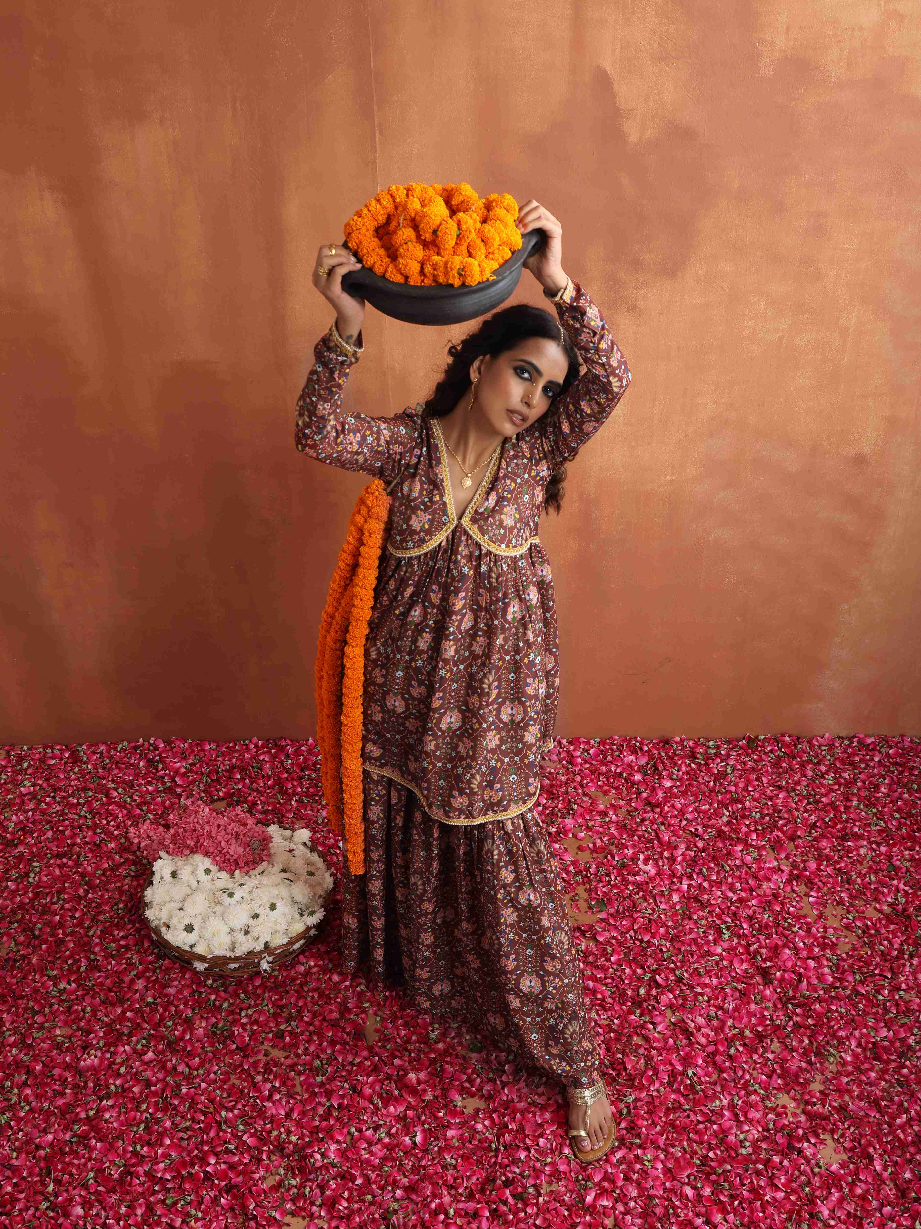trueBrowns Brown Print Sharara Set | Grocsy