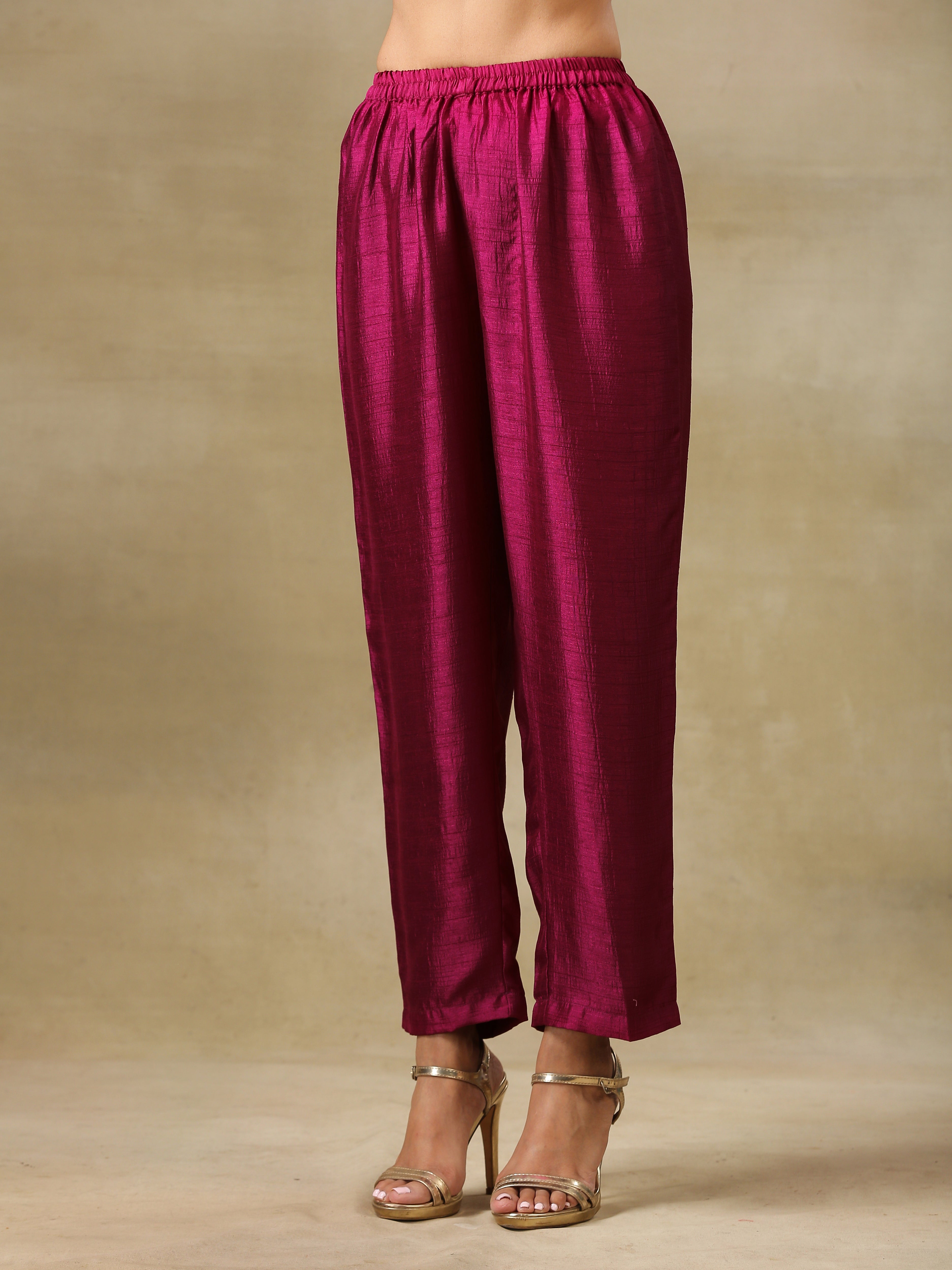 trueBrowns Purple Textured Silk Gathered Kaftan Co-Ord Set | Grocsy