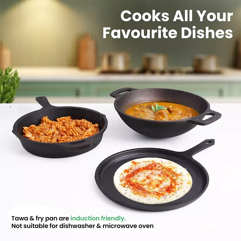 The Indus Valley CASTrong Cast Iron Cookware Set: Tadka Pan + Cast Iron Tawa With Handle (Pre Seasoned) + Cast Iron Kadai Wok Model + Cast Iron Fry Pan, Kitchen set for Home, 100% Pure, Toxin-free | Grocsy