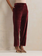 trueBrowns Maroon Velvet Floral Embroidered Kurta Pant Dupatta Set | Grocsy