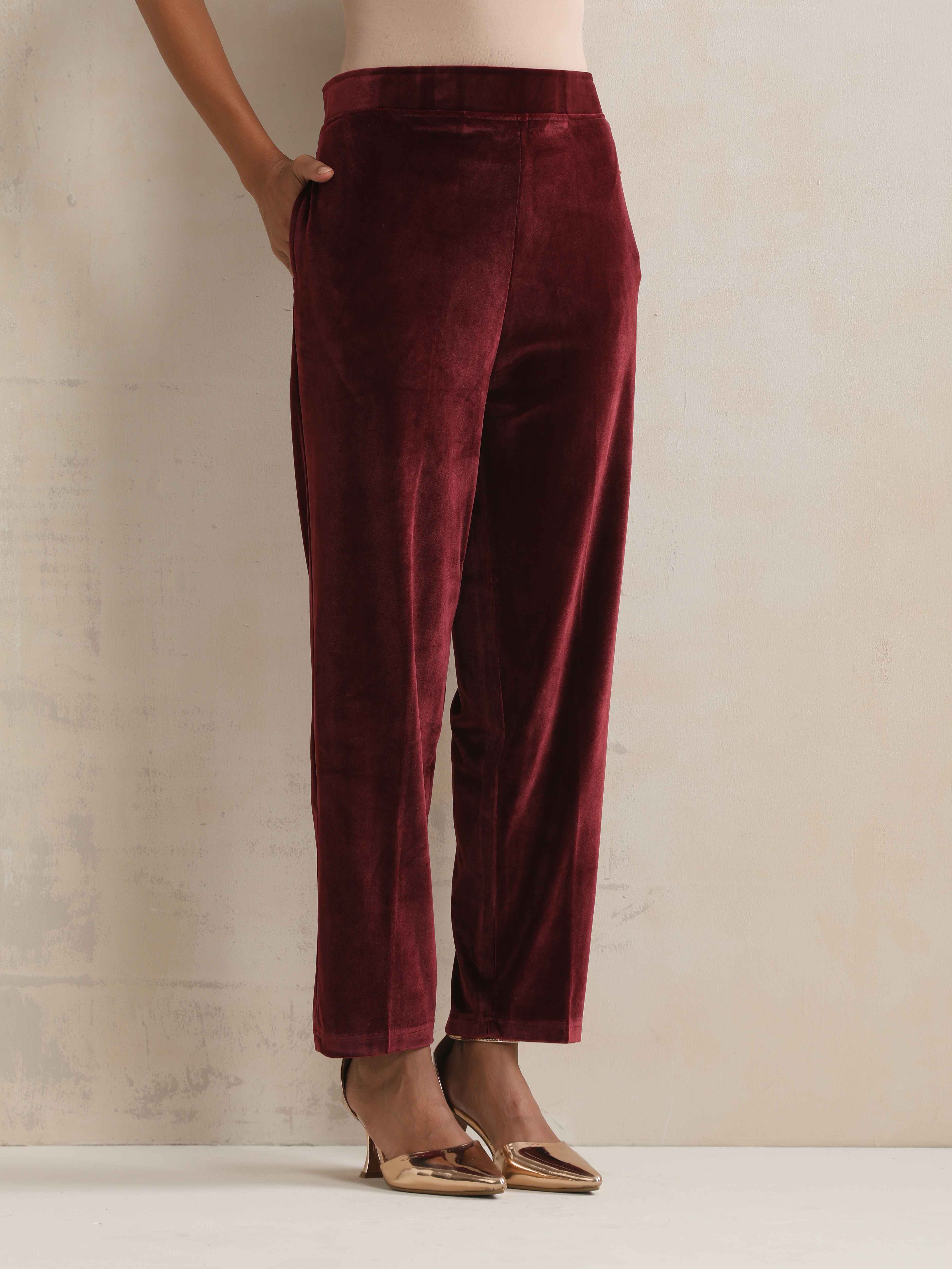 trueBrowns Maroon Velvet Floral Embroidered Kurta Pant Dupatta Set | Grocsy