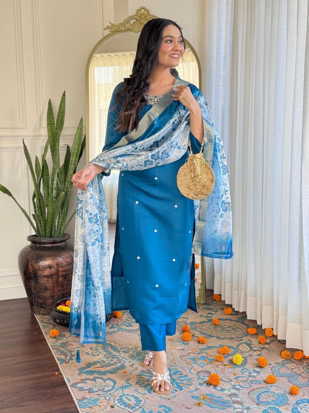 The52 Women's Beautiful Roman Silk Embroidered Straight Kurta with Pant And Dupatta Set | Grocsy