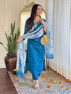 The52 Women's Beautiful Roman Silk Embroidered Straight Kurta with Pant And Dupatta Set | Grocsy