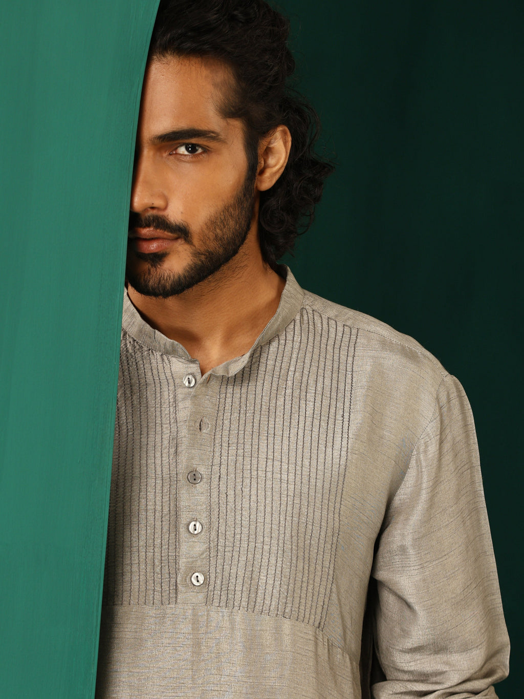 trueBrowns Men's Grey Silk Co-ord Set Yoke Detail | Grocsy