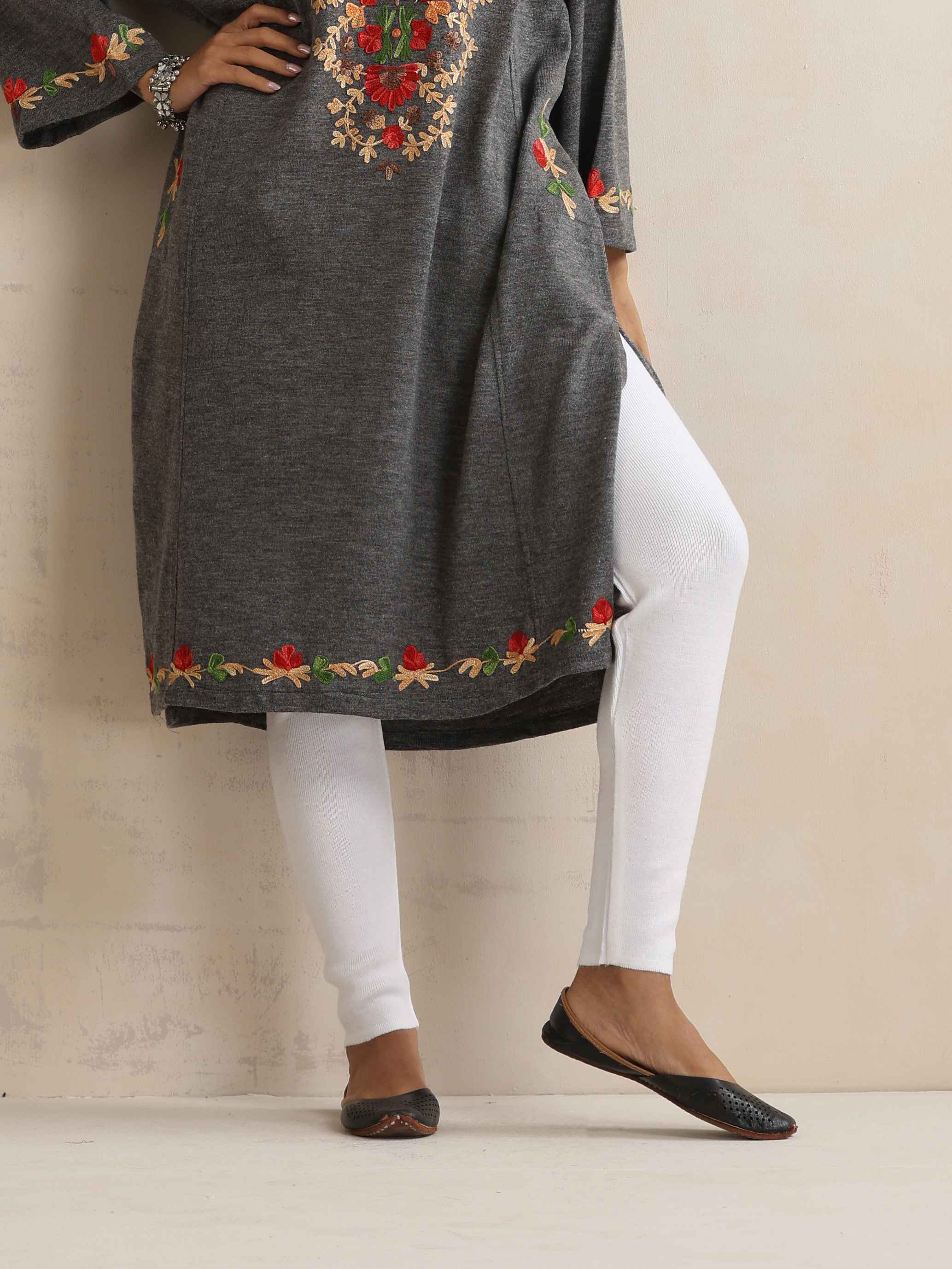 trueBrowns Grey Kashmiri Embroidered Woollen Phiran Kurta | Grocsy