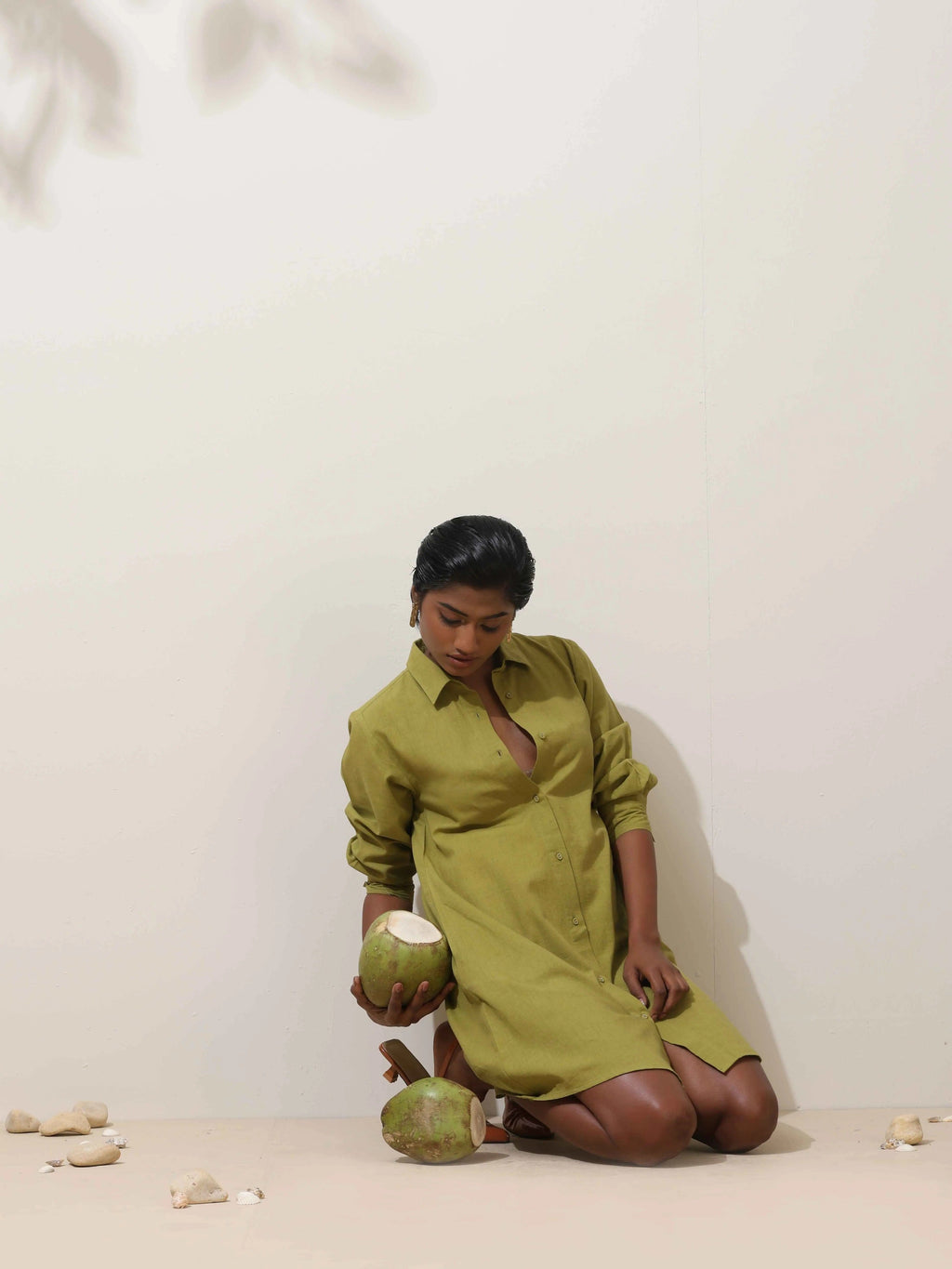 trueBrowns Pear Green Cotton Linen Dress | Grocsy