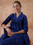 InWeave Women's Blue Mirror Work Flared Kurta | Grocsy