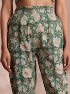 trueBrowns Fern Green Overall Floral Block Print Cotton Pant Suit Set | Grocsy
