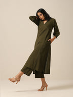 trueBrowns Olive Green Slub Texture Kurta Pant Set | Grocsy