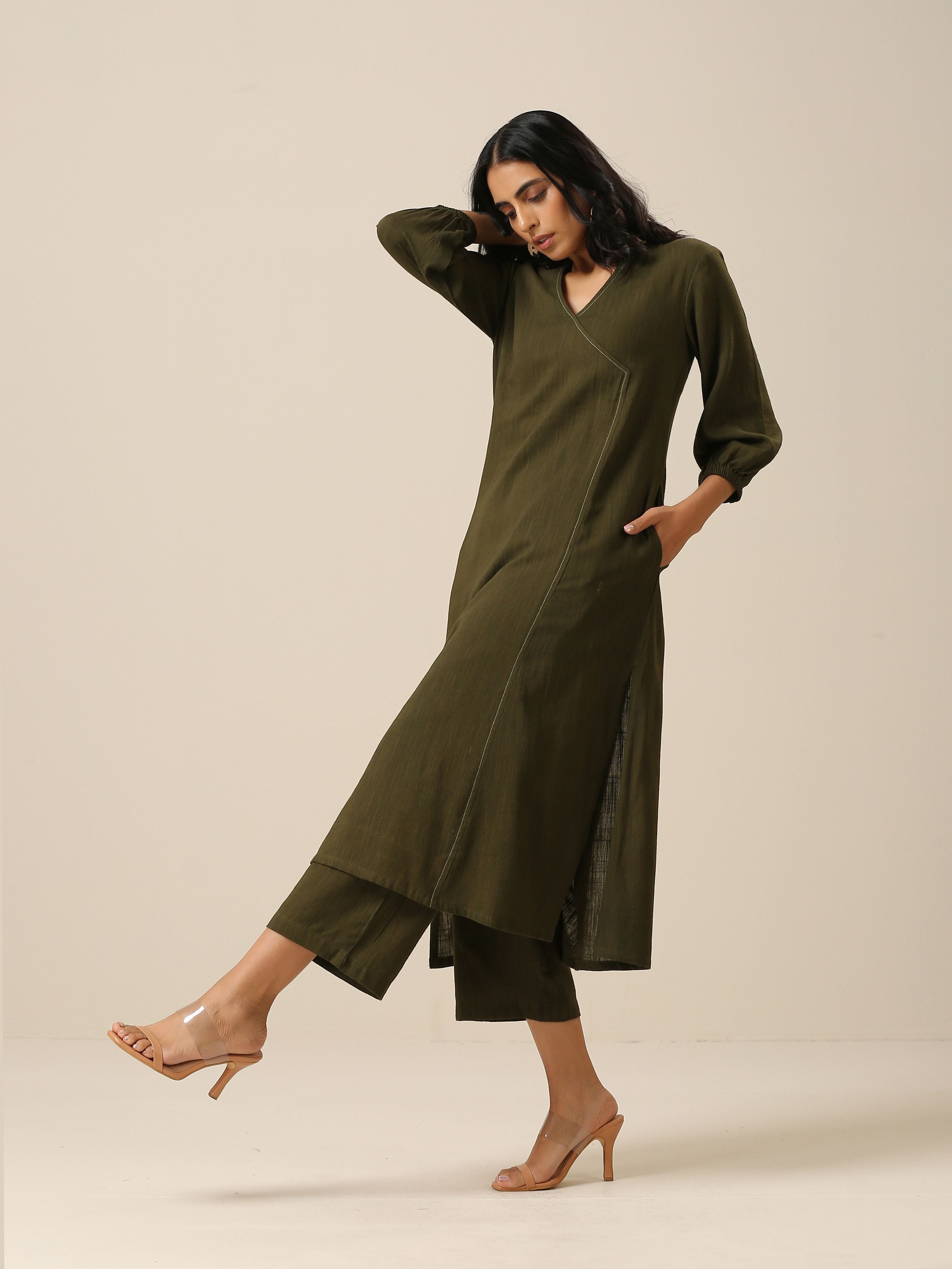 trueBrowns Olive Green Slub Texture Kurta Pant Set | Grocsy