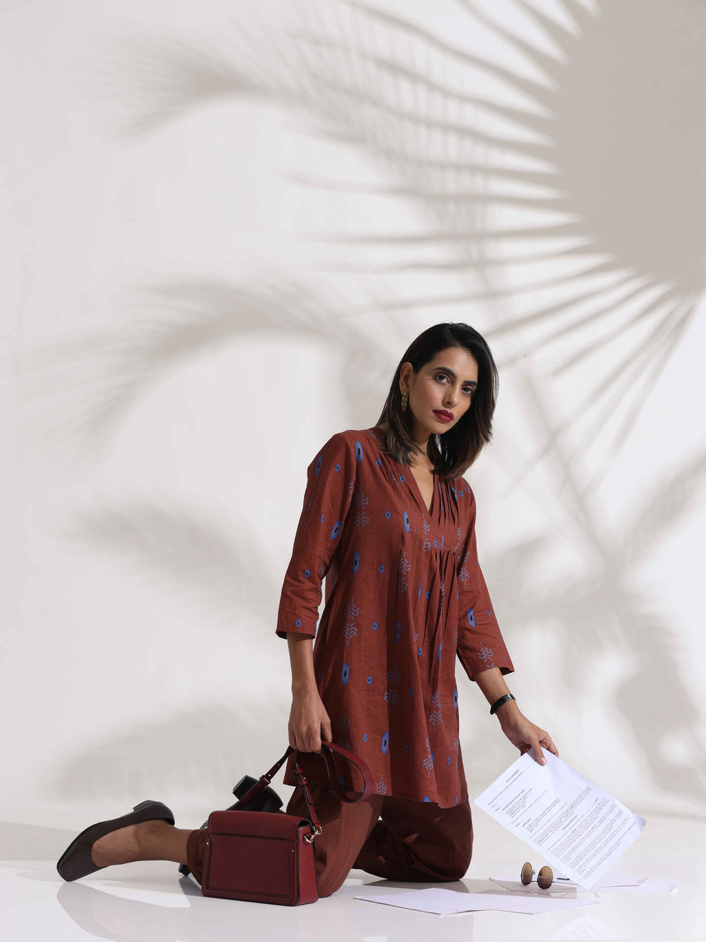 trueBrowns Brown Cotton Print Pleated Top & Pants Co-ord Set | Grocsy
