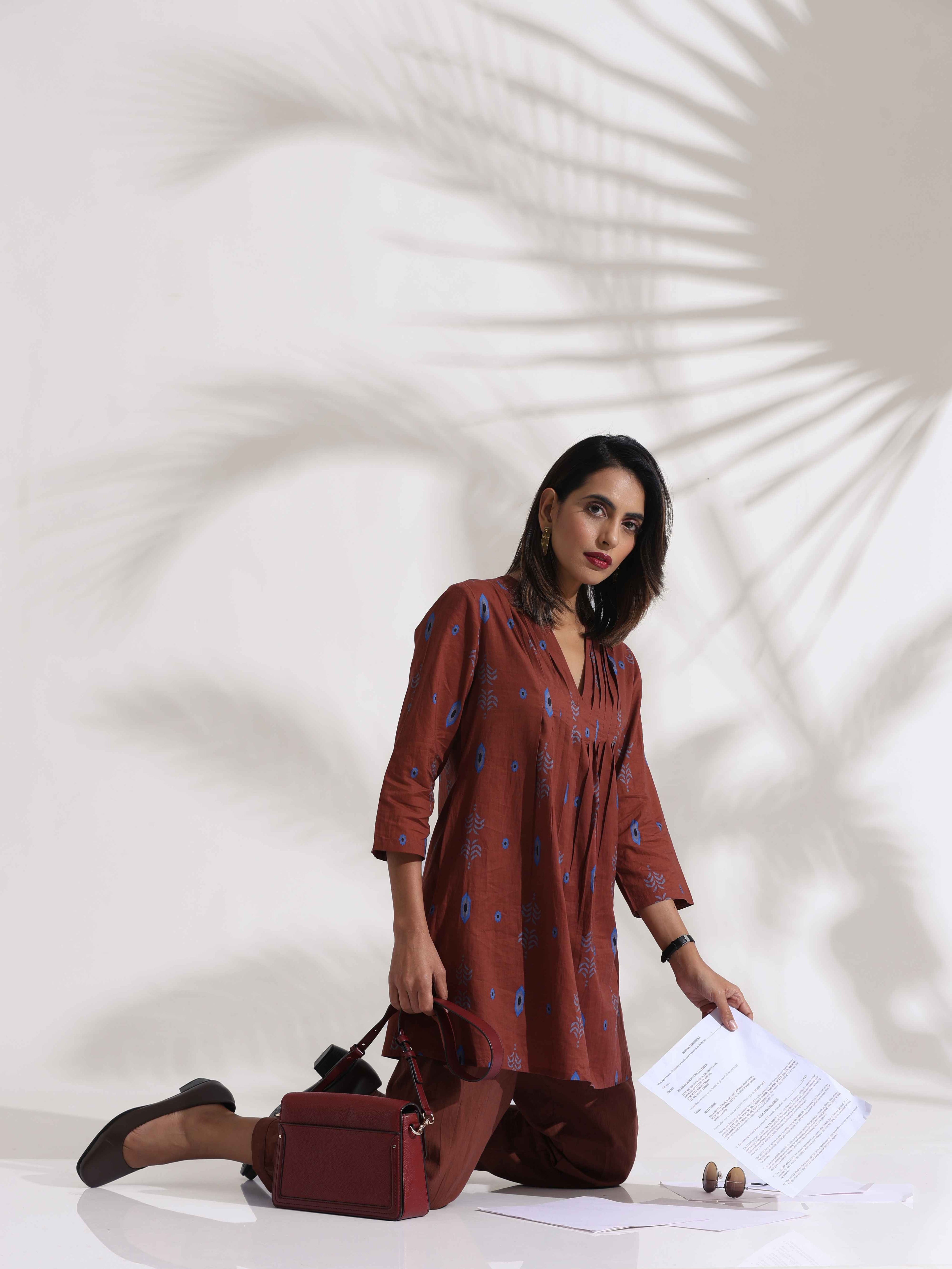 trueBrowns Brown Cotton Print Pleated Top & Pants Co-ord Set | Grocsy