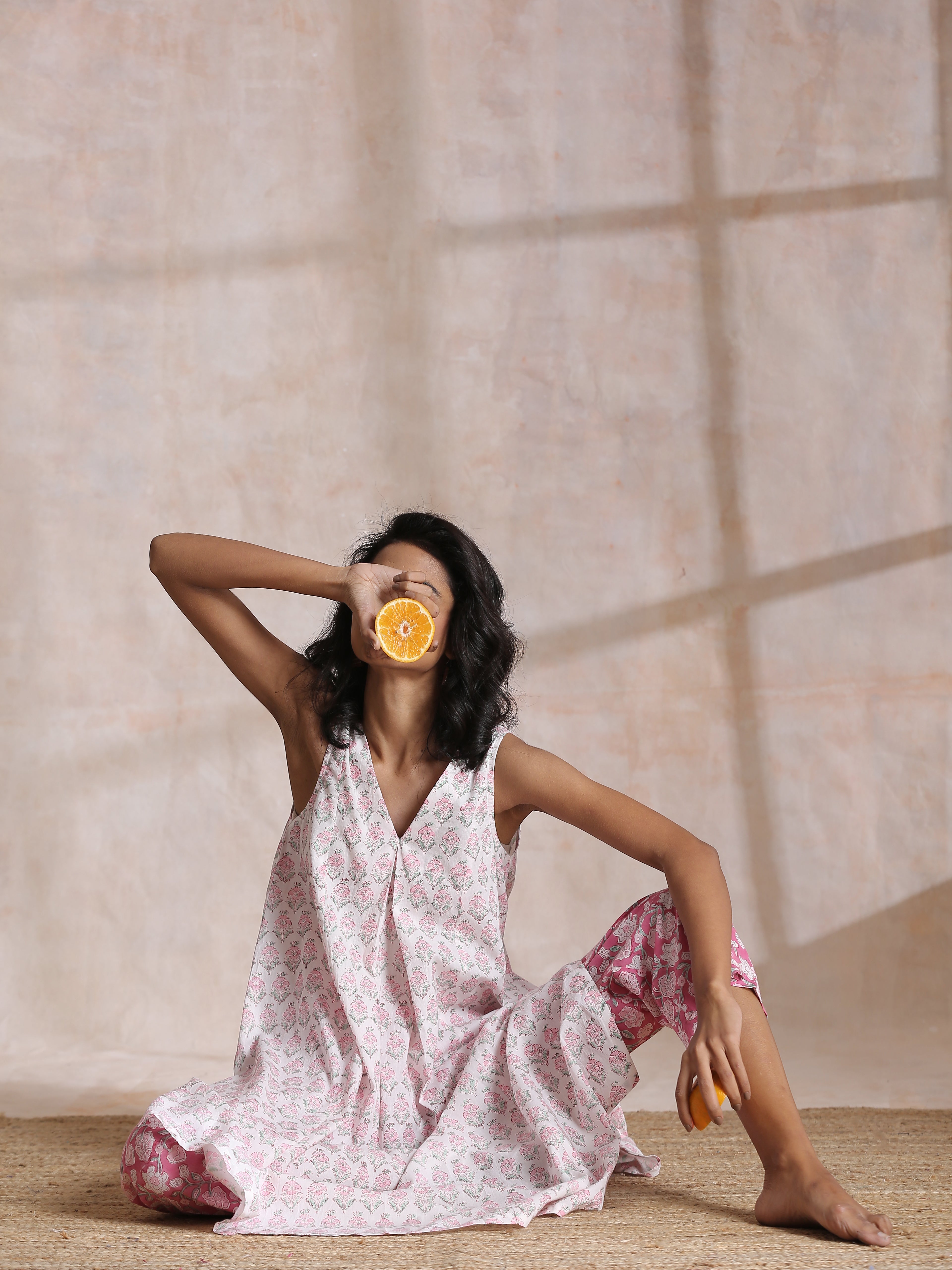 trueBrowns Pink Green Floral On White Block Print Cotton Sleeveless Flared Kurta Pant Set | Grocsy